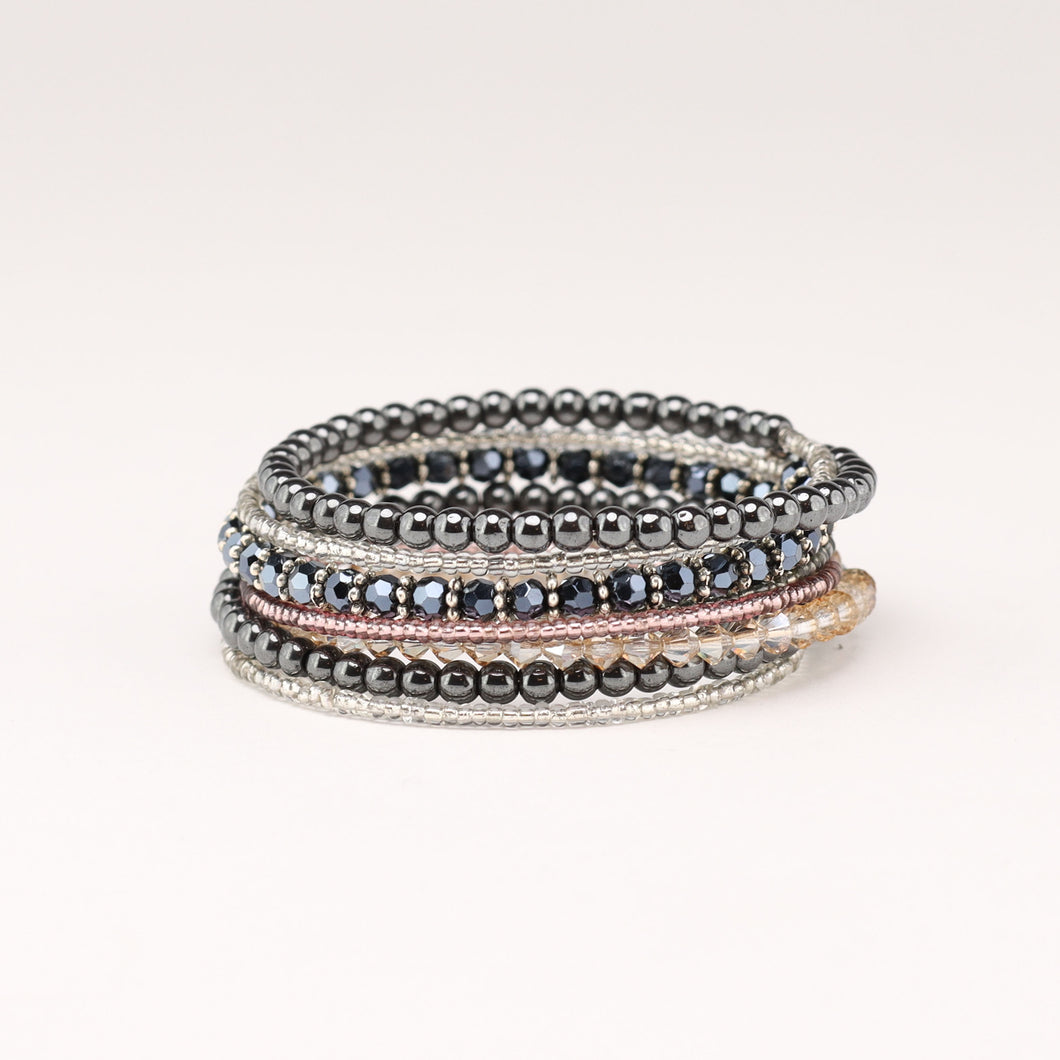 Crystal and hematite bead memory bracelet